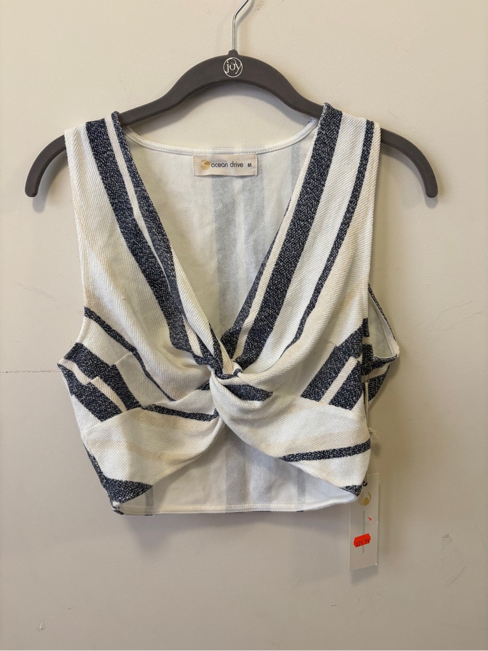 Ocean Drive White & Navy Striped Twist-Front Crop Tank